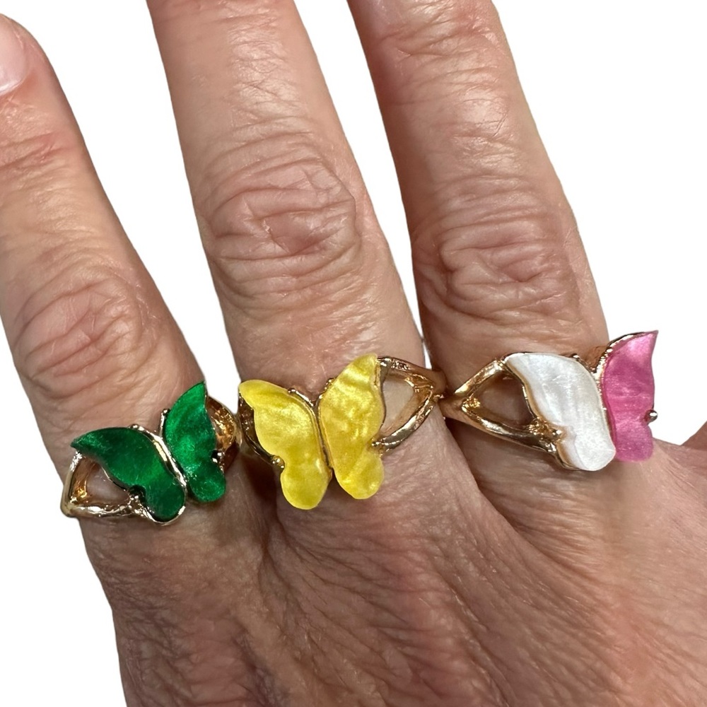 Gold and Multicolored Butterfly 3 Piece Ring Set